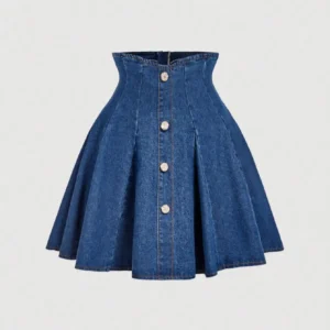 High Waist Denim Pleated Mini Skirt