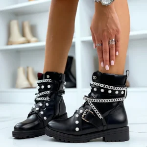 Women's Ankle Boots Buckle Chain Pearl Rivet Chunky Heels Lace-up Side Zipper