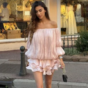 Shoulder Skinny Pleated Mini Dress Long Sleeve
