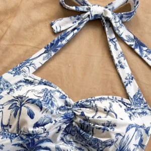Halter Mini Dress Blue White Floral Print Palm Tree