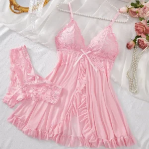 Lingerie Set Bra Lace Sleepwear Soft Dresses V Neck Full Slip