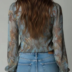 Chiffon Print Deep V-Neck Zipper Ruffle Sleeve Women Blouse