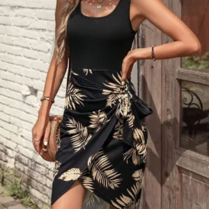Black Tropical Leaf Print Knot Side Wrap Dress for Women