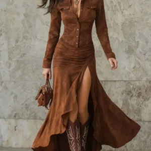 Suede Slim-Fit Zipper Stand Collar Slit Long Dress