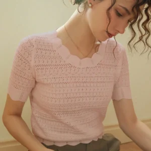 Knit Short Sleeve Top With Scalloped Neckline For Women