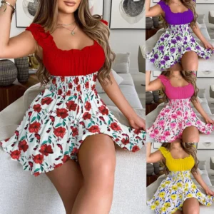 Flower print contrast color dress for women