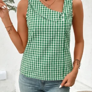 Green Top, Skew Collar And Buttons Women's Blouse