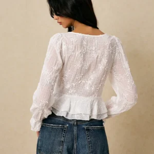 White Long Sleeve, Floral Embroidered Blouse, V Neck, Front Tie Ruffle