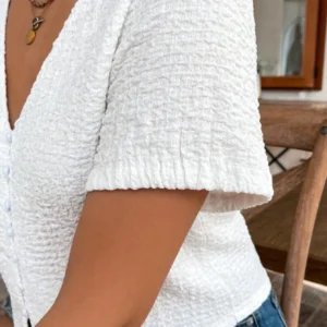 Women's White V-Neck Short Sleeve Button Front Blouse